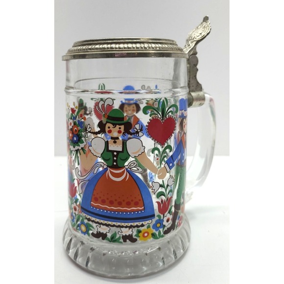 West Germany Beer Stein Glass w Pewter Lid‎ German Folk Dancing Couple Hearts - Picture 5 of 11